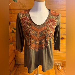 Johnny Was Embroidered Green Shirt Size Small